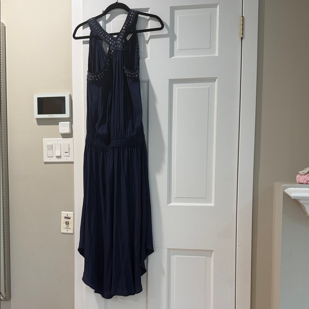 Ramy Brook Navy Beaded High-Low Halter Dress